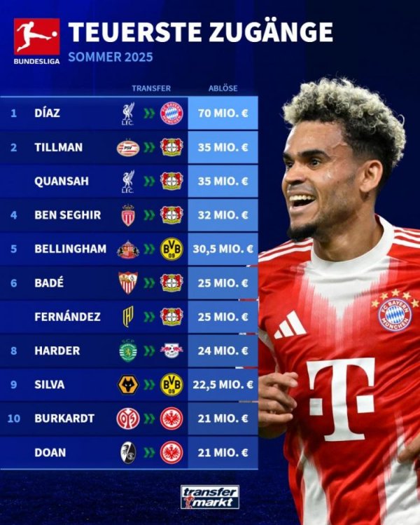 点点盈 德甲今夏引援榜：迪亚斯7000万断崖领跑，蒂尔曼&宽萨领衔药厂5将